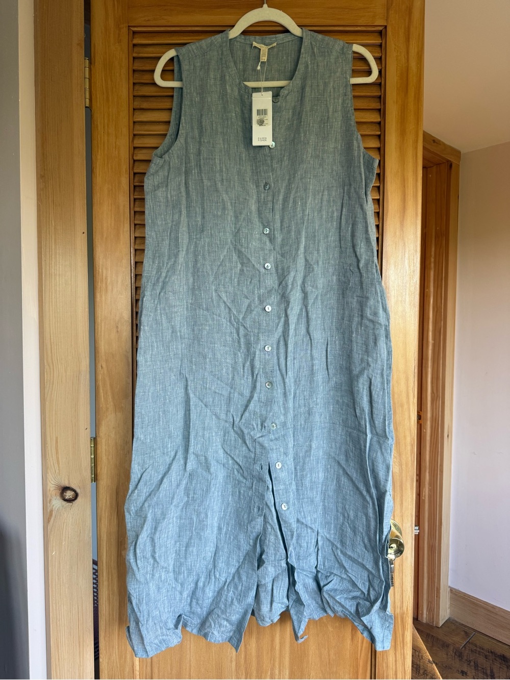 Sleeveless Button-Front Linen Dress in Light Blue